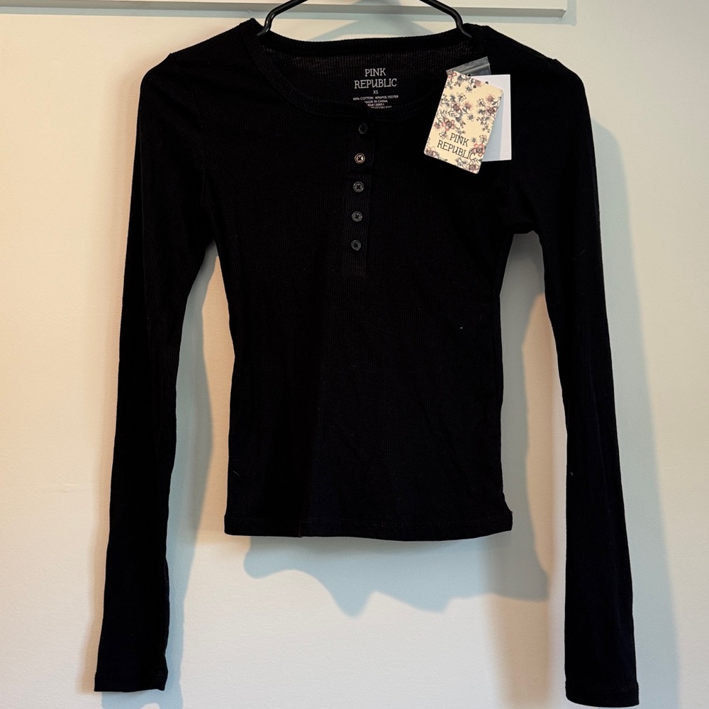 Pink Republic Classic Black Long Sleeve Tee With Buttons